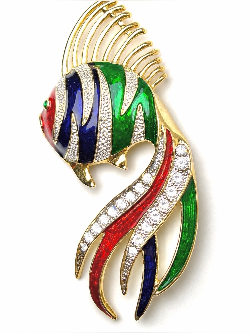 Large Colorful Tropical Fish Brooch Rhinestone Enamel Gold Tone Vintage Pin - Picture 7 of 10